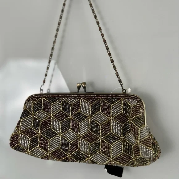 NWT MONI Couture Beaded Olive Green Amber Brown Formal Clutch With Bronze Accent - Picture 3 of 15